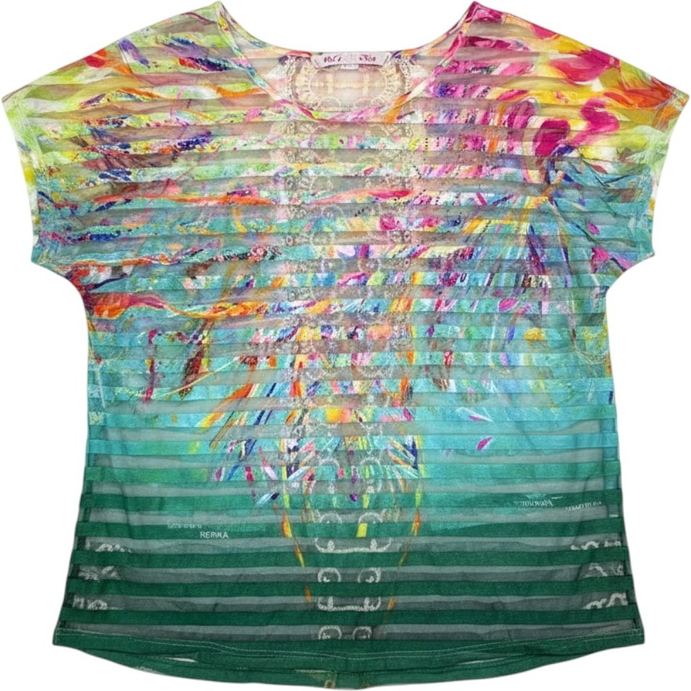 Leoma Lovegrove Women Medium Sheer Mesh Abstract Art Top Lace Back Rhinestone M